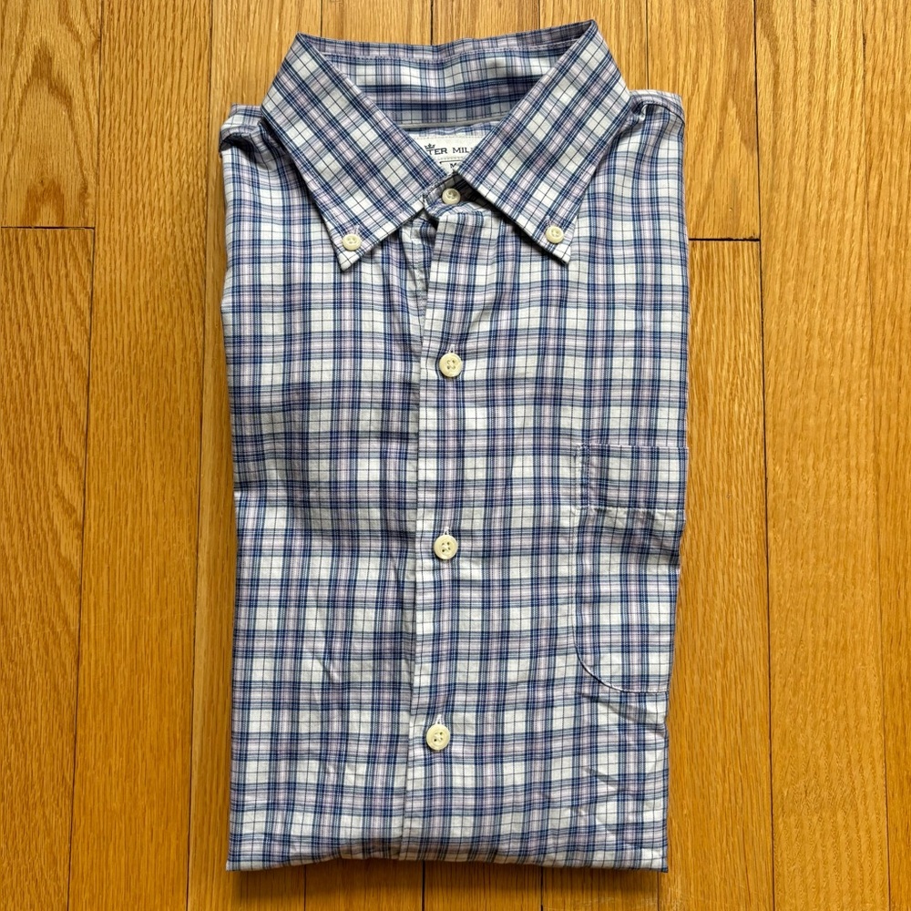 Peter Millar Men’s Long Sleeve Dress Shirt Cotton Medium Blue Purple White Plaid